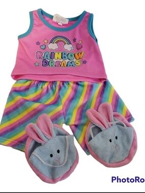 Build A Bear Pink Rainbow Dreams Top Striped Fleece Pajama Pants Bunny Slippers
